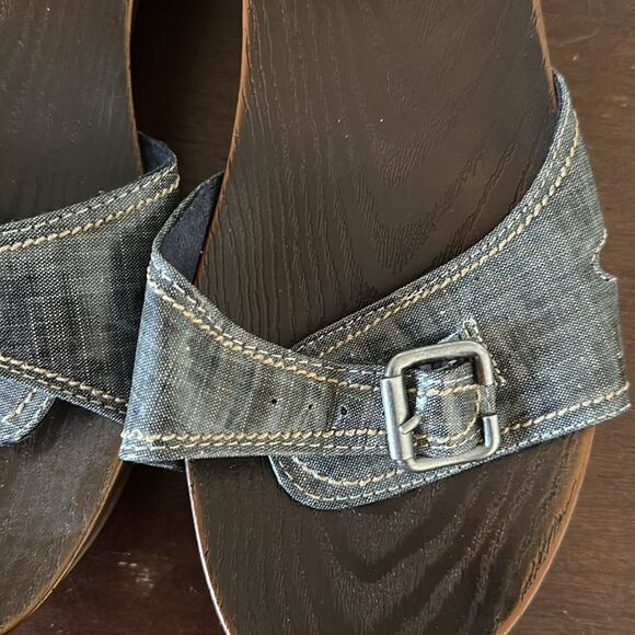Dr. Scholl's | Blue Denim/Chambray Adjustable Strap Wooden Clogs Size 11 - Picture 6 of 7